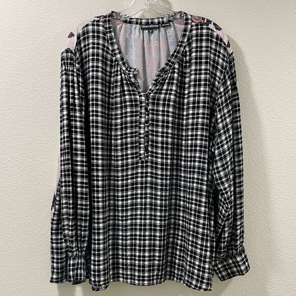 (NEW) TOLANI Flannel & Velvet BOHO Button Down Blouse, Black/White/Multi - 3 X - Picture 2 of 16